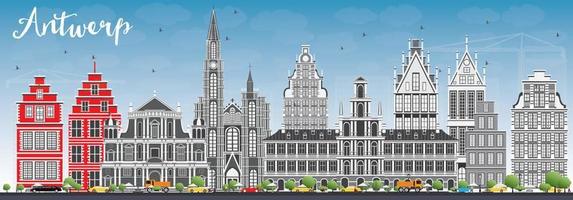 Antwerp Skyline with Gray Buildings and Blue Sky. vector