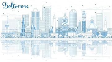 Outline Baltimore Skyline with Blue Buildings and Reflections. vector