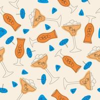 Hand drawn summer time organic fruits seamless pattern with cocktail in a glass vector