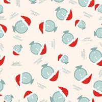 Christmas Seamless Pattern with New Year seamless pattern Happy Winter Holiday Wallpaper with clocks and Santa hat. Vector illustration