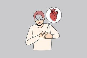 Unwell man feel sick suffer from heart stroke. Sick unhappy guy touch upper chest having cardiovascular problems need doctor help. Healthcare and medicine. Vector illustration.