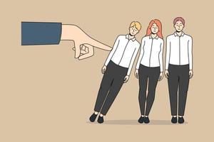 Businessman finger touch employees figures make them fall. Concept of domino effect at workplace. Strong male work leader push colleagues or rivals out. Vector illustration, cartoon character.