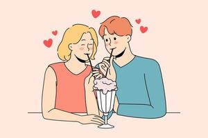 Happy young couple in love sit at table have milkshake together. Smiling man and woman enjoy romantic date together in cafe. Eating out. Relationships concept. Vector illustration.