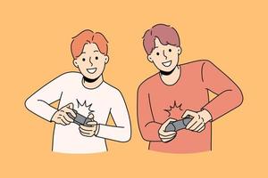 Happy guys playing video games holding joysticks. Smiling men gamers have fun together enjoy console videogame on TV or computer. Leisure time and relaxation. Vector illustration.