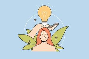 Huge hand holding lightbulb above smiling woman head. Happy female generate creative ideas brainstorm think over plans or thoughts. Visualization concept. Vector illustration.