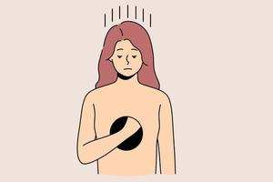 Unhappy woman with hole in body suffer from depression and psychological disorder. Upset sad girl feeling empty inside having mental problems. Healthcare concept. Vector illustration.