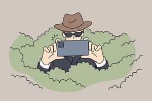 Private detective in sunglasses hiding in bushes photographing using smartphone camera. Spy or secret agent making photo with cellphone solving or detecting crime. Vector illustrations.