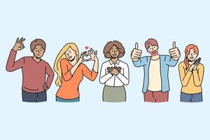 Overjoyed diverse multiethnic young people feel positive and joyful show diverse hand gestures. Smiling men and women use body language, ok, thumb up, heart sign. Vector illustration.