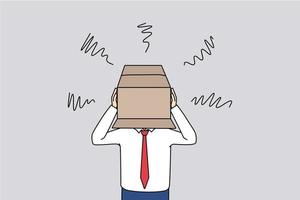 Unhappy businessman hide head in box feel ashamed of people or society struggle with business failure or loss. Distressed man experience bankruptcy or mistake hiding. Vector illustration.