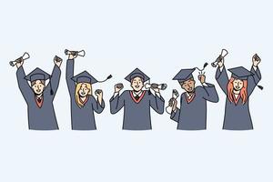Excited young people in gowns and caps celebrate high school graduation. Happy girls and guys students triumph hold diplomas graduate collage or university. Education. Vector illustration.