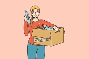 Smiling woman with box help people in need with food and supplies. Happy girl volunteer show aid and assistance to poor. Female activist feel kind. Charity and donation. Vector illustration.