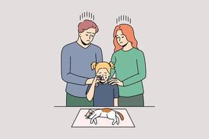 Family with child mourn of sick poor cat being unwell dying on table in hospital. Parents with small kid grieve above old pet gone. Domestic animals and bonding concept. Vector illustration.