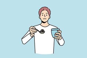 Portrait of young man have spoonful of pills with glass of water. Male patient hold spoon with medications suffer from drug or painkiller addiction. Healthcare and medicine. Vector illustration.