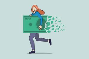 Businesswoman run with dollar bill collapsing. Money loss and decline in value. Girl with banknote struggle with financial crisis or bankruptcy. Inflation and deflation concept. Vector illustration.