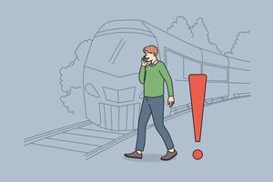 Young man talking on phone crossing tracks while train is approaching. Careless guy speak on cellphone ignore railroad safety rules and warnings. Keep back from platform edge. Vector. vector