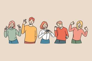 Smiling diverse young people showing hand gestures expressing different emptions. Happy men and women demonstrate ok, yes and heart symbols signs. Body language, communication. Vector illustration.