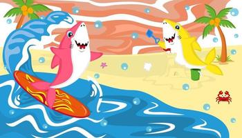 Cute sharks surfing the sea and playing sandcastles on the beach, vector, editable, great for comics, illustrations, coloring books, stickers, posters, websites, printing, t-shirts and more vector