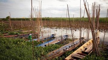 Wooden boat for fishermen Park along the lake, prepare to go out for fishing. photo