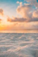 Amazing closeup beach sunset, endless blurred horizon, incredible dreamy sunlight. Relax, tranquility bright beach sand, rays. Positive energy serene solitude sea view. Summer beach golden skyline photo