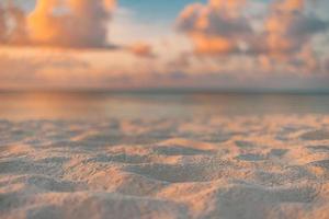 Amazing closeup beach sunset, endless blurred horizon, incredible dreamy sunlight. Relax, tranquility bright beach sand, rays. Positive energy serene solitude sea view. Summer beach golden skyline photo