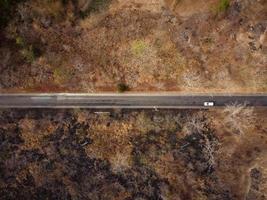 Aerial view, The road passes through a dry orange-yellow forest. Some parts were destroyed by a forest fire. photo