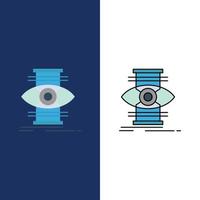 ojo éxito enfoque optimizar iconos plano y línea llena conjunto de iconos vector fondo azul