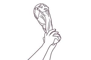 hand holding trophy cup hand drawn style vector illustration