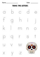 Worksheet with Mexican skull. Trace lowercase letters of alphabet. vector