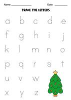 Worksheet with Christmas tree. Trace lowercase letters of alphabet. vector