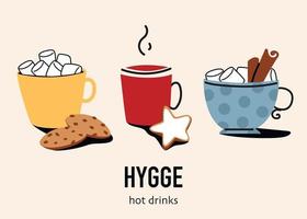 Colored hot drink mugs set. Hygge aesthetics in flat style vector illustration