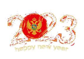 2023 Year in grunge style with flag of Montenegro. vector