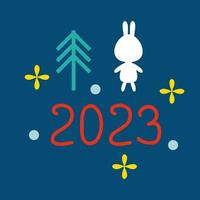 Trendy celebration New Year 2023 print with hare, numbers, tree and stars. vector