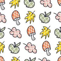 Checkered mushrooms, apples and leaves seamless pattern. vector