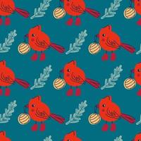 Cardinal bird in boots with christmas tree toy seamless pattern. New year print for tee, paper, fabric, textile. Hand drawn vector illustration for decor and design.