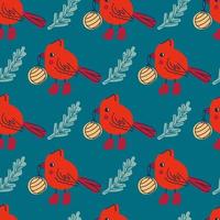 pájaro cardenal en botas con patrones sin fisuras de juguete de árbol de navidad. impresión de año nuevo para tee, papel, tela, textil. ilustración vectorial dibujada a mano para decoración y diseño. vector