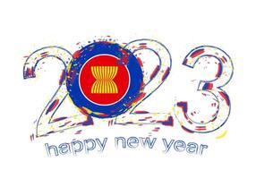 2023 Year in grunge style with flag of ASEAN. vector