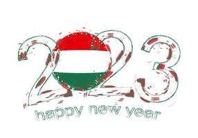 2023 Year in grunge style with flag of Hungary. vector