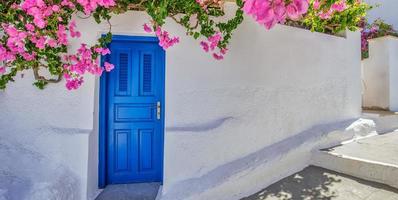 White Cycladic architecture with blue door and pink flowers of Bougainvillea on Santorini island, Greece wide panoramic format. Travel destination background, old traditional street, street adventure photo