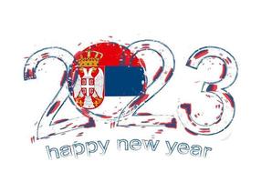 2023 Year in grunge style with flag of Serbia. vector