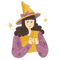 Vector illustration Halloween witch in magic hat and month in her hand