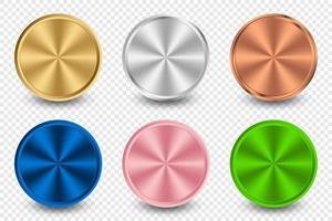 Collection of gold, silver, bronze, blue metal, pink metal, and green metal radial metallic gradient. Plates with gold, silver, bronze metallic effect. Vector illustration