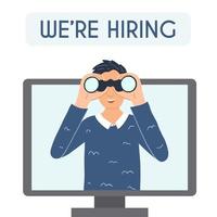 Man with binoculars on the monitor screen searching for new employee, work candidates, hired workers. We re hiring concept, online job offer, recruitment process, vacancies on the internet vector