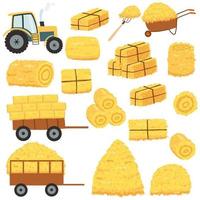 Tractor with agricultural haycock in the trailer, wheelbarrow in cartoon flat style, rural hay rolled stack, dried farm haystack. Vector illustration of fodder straw