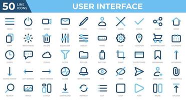 Set of 50 User Interface icons in colored line style. Menu, calendar, clock. Colored outline icons collection. Vector illustration