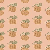 Seamless vector pattern with pumpkins and leaves. It is used for fabric making, wrapping paper, design and wallpaper. Vegetable autumn background of pumpkins and leaves. Beautiful ornament.Flat style.