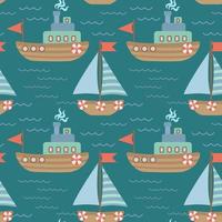 Seamless vector pattern with hand-drawn sailing yachts, ships and the sea wave. Summer bright background for fabric design. Vector illustration.