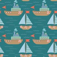 Seamless vector pattern with hand-drawn sailing yachts, ships and the sea wave. Summer bright background for fabric design. Vector illustration.