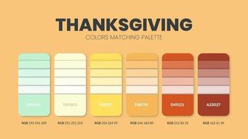 Thanksgiving color scheme. Color Trends combinations and palette guide. Example of table color shades in RGB and HEX. Color swatch for fashion, home, interiors design 2022. Colour chart idea vector. vector