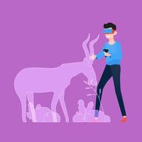 Man touching virtual wild deer using virtual reality headset vector