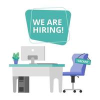 We are hiring with office empty chair illustration. Staffing and recruiting business concept vector